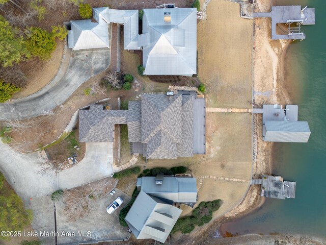 aerial view featuring a water view