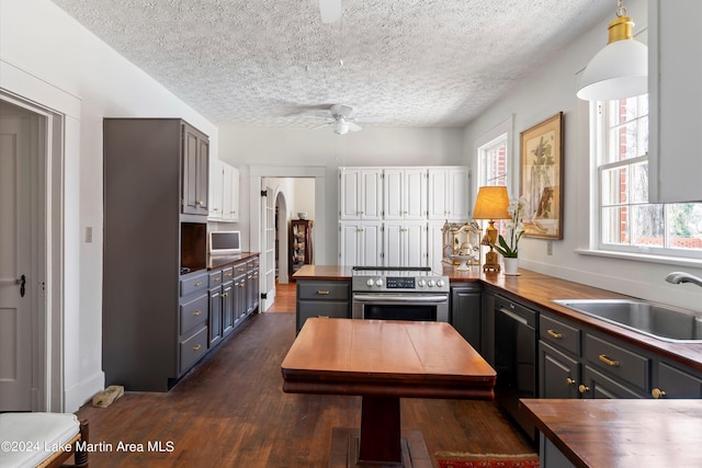 kitchen with dark wood-type flooring, wood counters, sink, gray cabinetry, and dishwasher