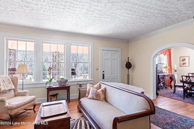 living area featuring ornamental molding, a textured ceiling, and light hardwood / wood-style flooring