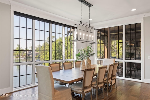 dining area with plenty of natural light, dark wood-type flooring, and an inviting chandelier