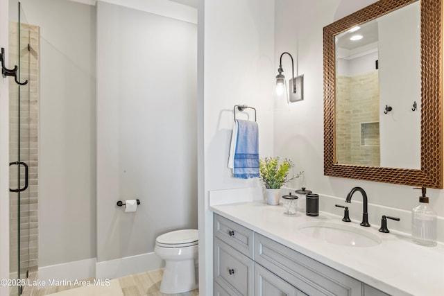 bathroom with vanity, a shower with shower door, and toilet