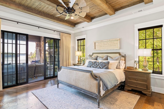 bedroom featuring ceiling fan, dark hardwood / wood-style flooring, and wood ceiling