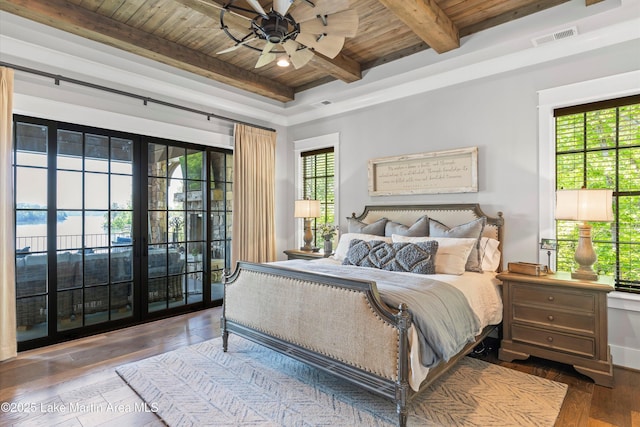 bedroom with multiple windows, ceiling fan, wooden ceiling, and wood-type flooring