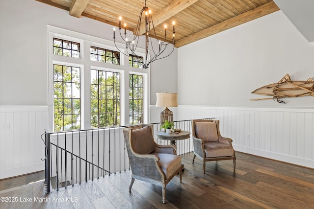 sitting room featuring beam ceiling, hardwood / wood-style flooring, an inviting chandelier, and wood ceiling