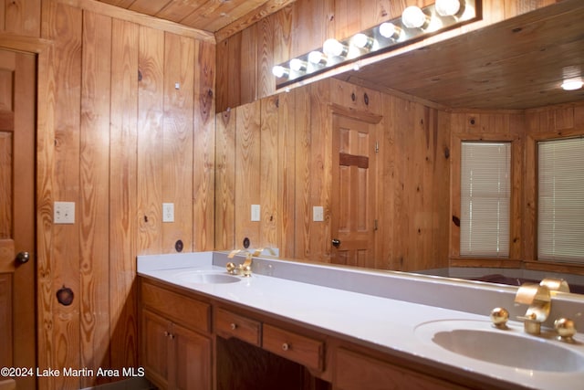 bathroom with wood walls, vanity, and wood ceiling