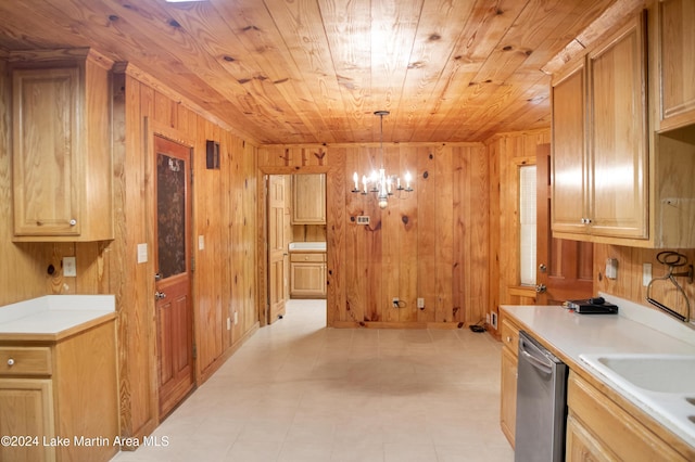 kitchen featuring hanging light fixtures, stainless steel dishwasher, wood walls, a chandelier, and wood ceiling