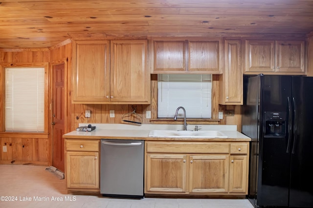 kitchen with black fridge with ice dispenser, sink, wooden ceiling, dishwasher, and wood walls