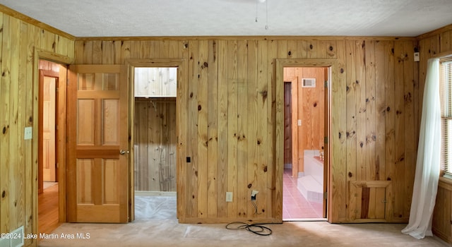 interior space with wood walls and a textured ceiling