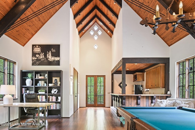game room with wooden ceiling, high vaulted ceiling, billiards table, hardwood / wood-style flooring, and beamed ceiling