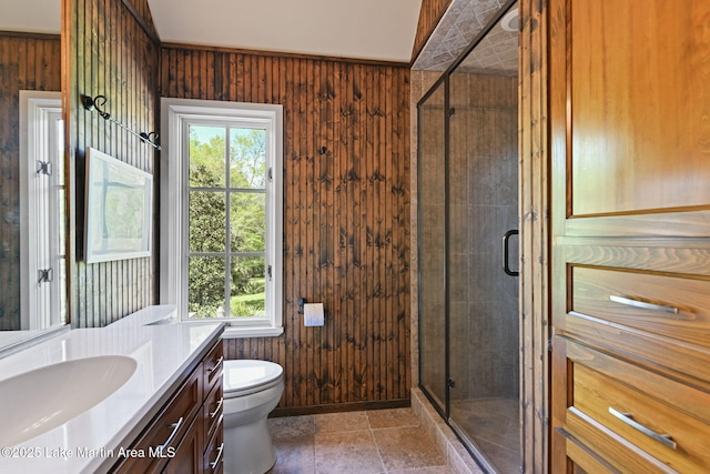 full bath with plenty of natural light, a shower stall, vanity, and toilet