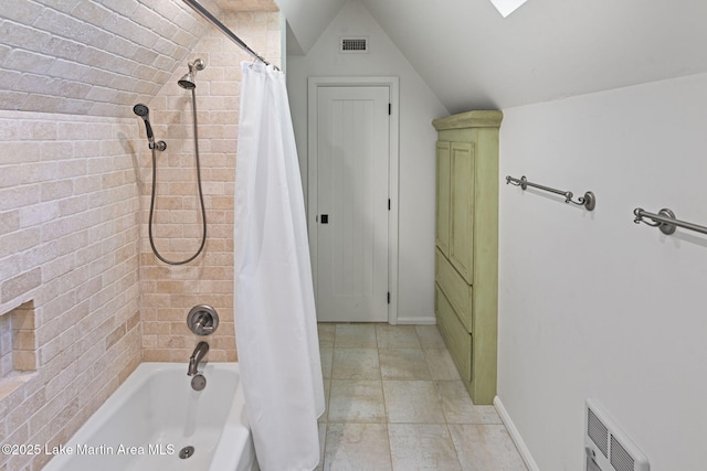full bath with shower / bathtub combination with curtain, lofted ceiling, and heating unit