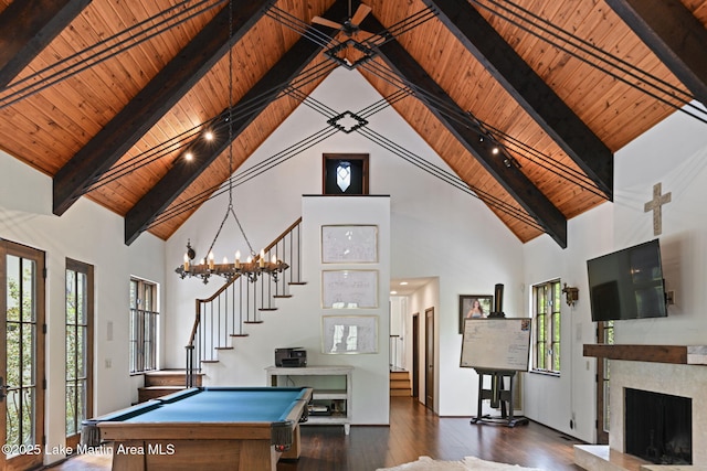 playroom featuring wood ceiling, high vaulted ceiling, healthy amount of natural light, wood-type flooring, and billiards table