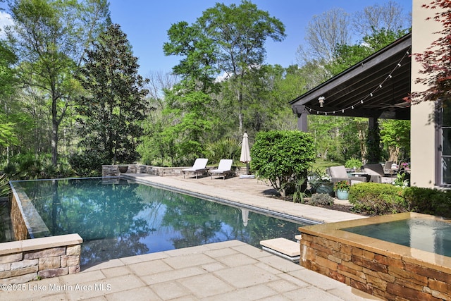 outdoor pool with a patio and view of wooded area