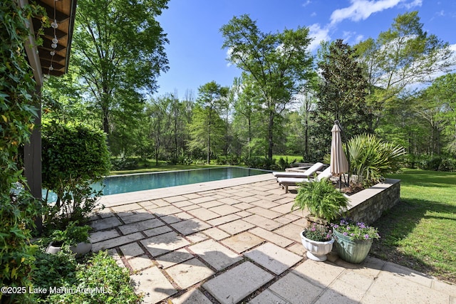 outdoor pool with a patio area and a lawn