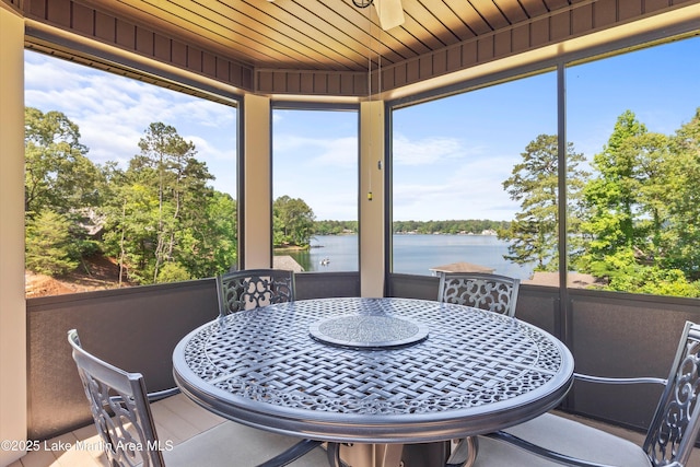 sunroom / solarium featuring a water view and wooden ceiling