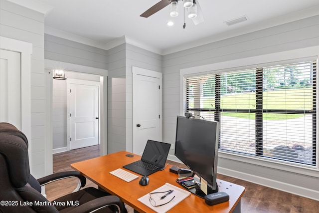 office with a wealth of natural light, dark hardwood / wood-style floors, and ceiling fan