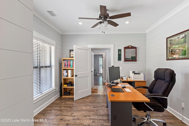 office featuring ceiling fan and dark hardwood / wood-style flooring