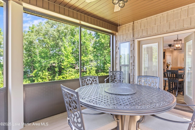 sunroom with wooden ceiling and ceiling fan