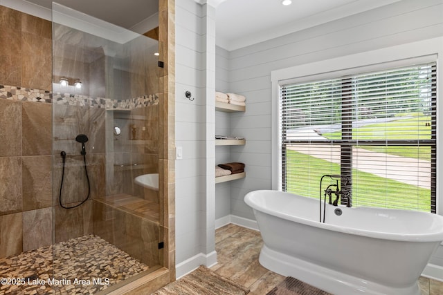 bathroom with plenty of natural light and plus walk in shower