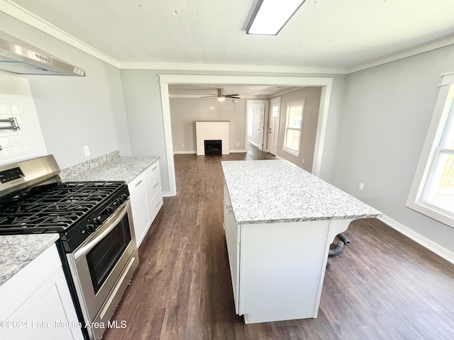 kitchen featuring white cabinets, a healthy amount of sunlight, extractor fan, and stainless steel range with gas stovetop