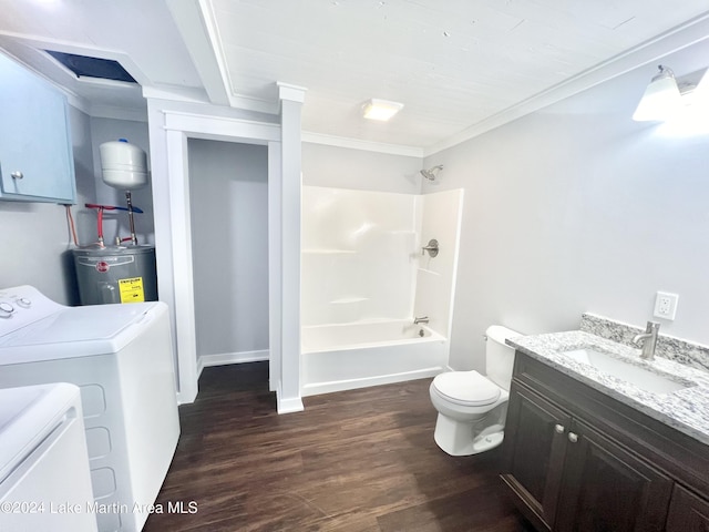 full bathroom with vanity, crown molding, hardwood / wood-style flooring, washer and dryer, and water heater