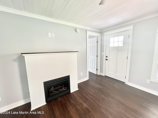 unfurnished living room with crown molding, dark wood-type flooring, and wooden ceiling