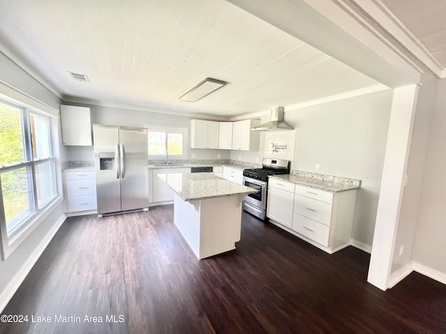 kitchen featuring appliances with stainless steel finishes, wall chimney range hood, a center island, dark hardwood / wood-style floors, and white cabinetry