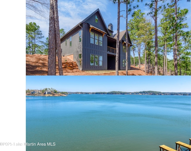 rear view of property with a water view and board and batten siding