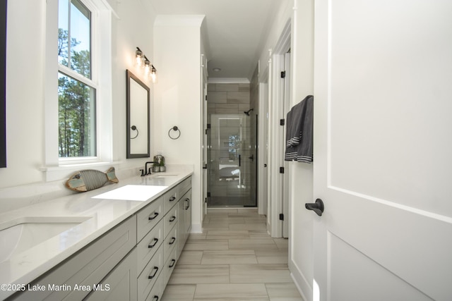 bathroom with double vanity, a stall shower, ornamental molding, and a sink