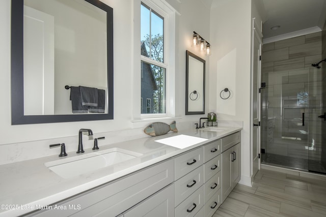 bathroom with double vanity, a stall shower, and a sink