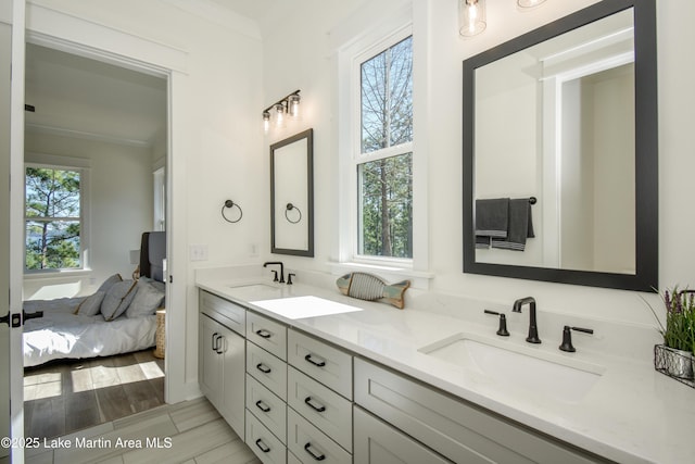 full bathroom featuring double vanity, a sink, and a wealth of natural light