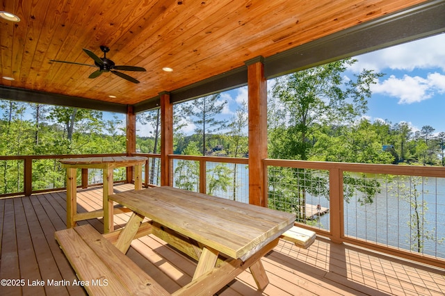 sunroom / solarium with outdoor dining space and ceiling fan