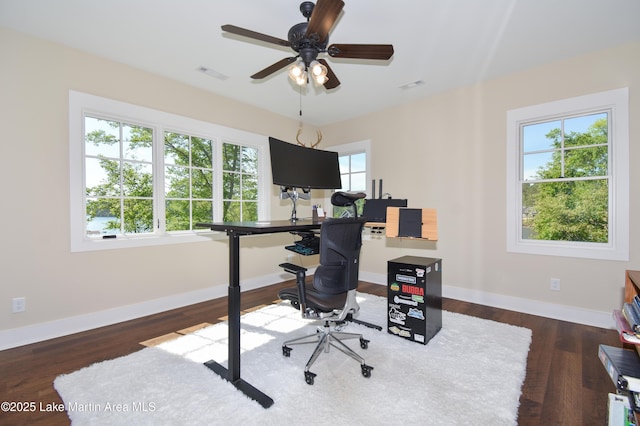office area featuring ceiling fan, baseboards, visible vents, and wood finished floors