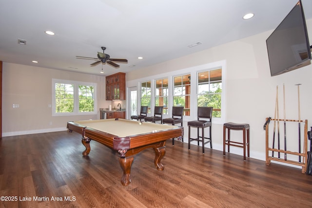 recreation room featuring wood finished floors, billiards, baseboards, and recessed lighting