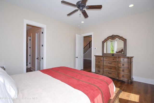 bedroom featuring baseboards, dark wood-style flooring, ceiling fan, and recessed lighting