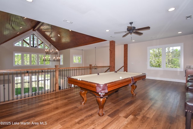 rec room with wood finished floors, ceiling fan with notable chandelier, visible vents, baseboards, and recessed lighting