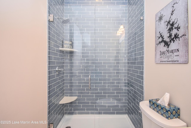 bathroom featuring toilet and a shower stall