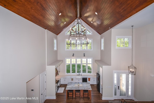 living room featuring a chandelier, wood ceiling, high vaulted ceiling, and dark wood-type flooring
