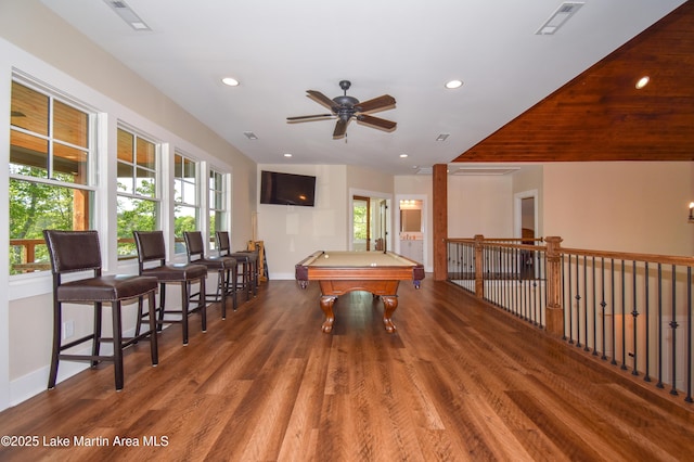 game room with recessed lighting, pool table, baseboards, and wood finished floors