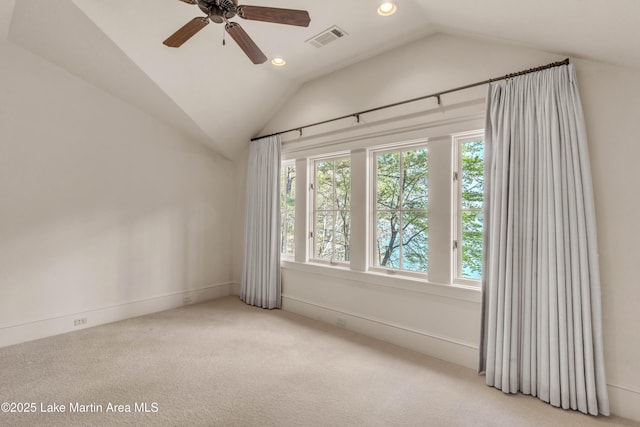 72 Stoney Ridge Rdg, Alexander City, AL 35010 - carpeted spare room with a ceiling fan, recessed lighting, lofted ceiling, and visible vents
