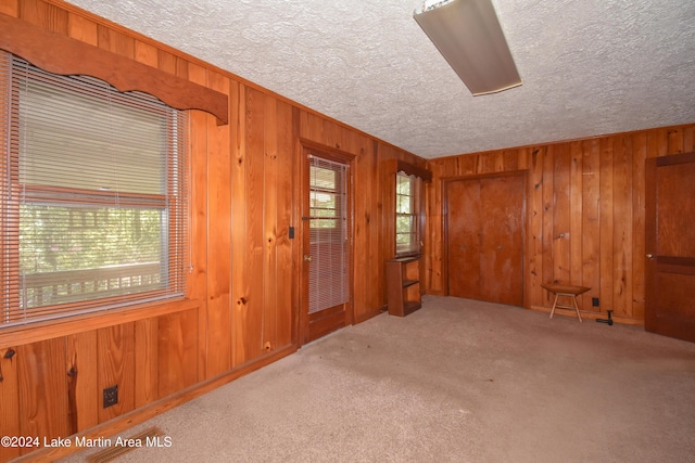 spare room featuring light colored carpet, a textured ceiling, and wooden walls