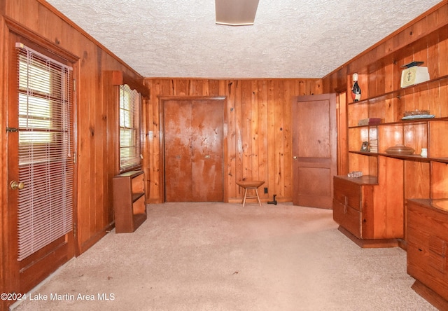 carpeted empty room with wooden walls and a textured ceiling