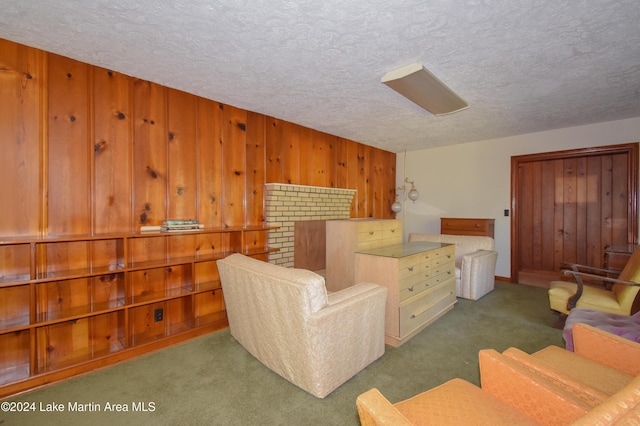 interior space with wooden walls and a textured ceiling