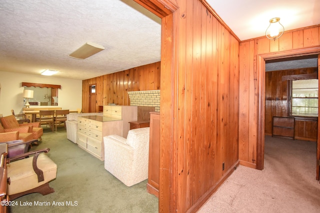 carpeted living room with wood walls and a textured ceiling