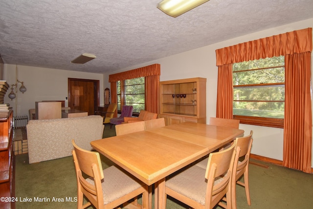 dining space with a textured ceiling, dark carpet, and a wealth of natural light