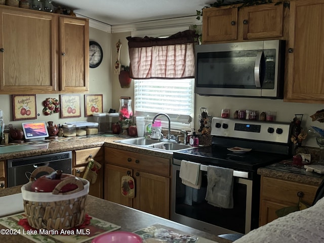 kitchen featuring appliances with stainless steel finishes, ornamental molding, and sink