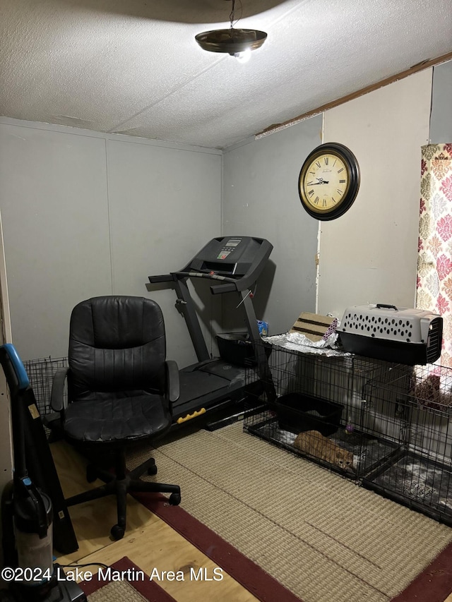 office area with hardwood / wood-style floors and a textured ceiling