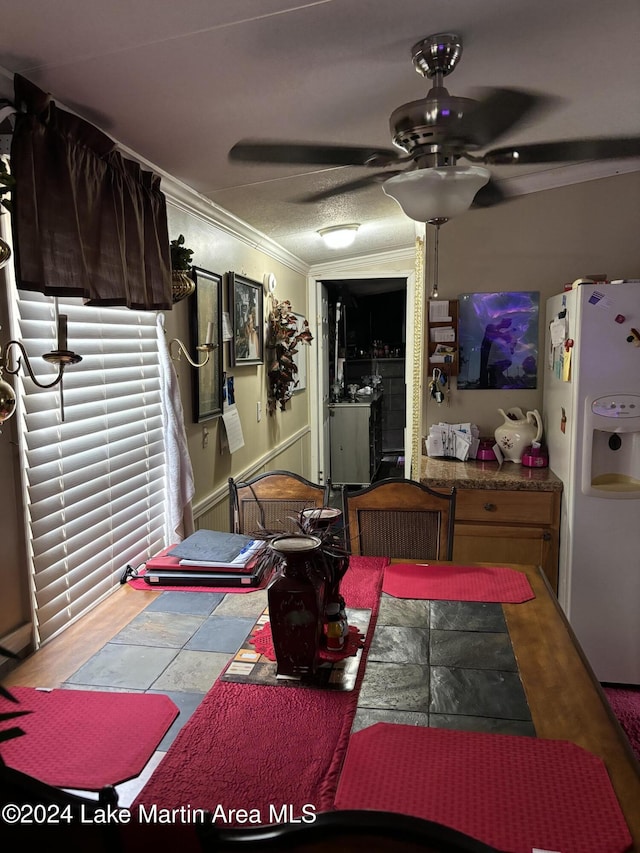 interior space featuring ceiling fan and crown molding