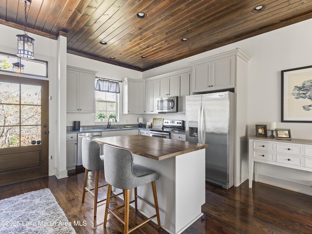 kitchen with wood ceiling, hanging light fixtures, dark hardwood / wood-style floors, a kitchen island, and stainless steel appliances