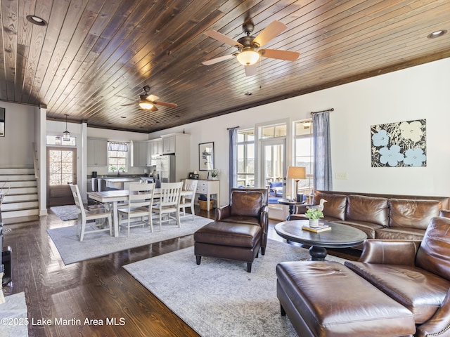 living room with ceiling fan, sink, wooden ceiling, and dark hardwood / wood-style flooring